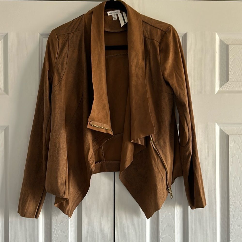 Rebecca Elliot Women’s Faux Suede Cognac Drape Jacket Asymmetrical Zip Size M